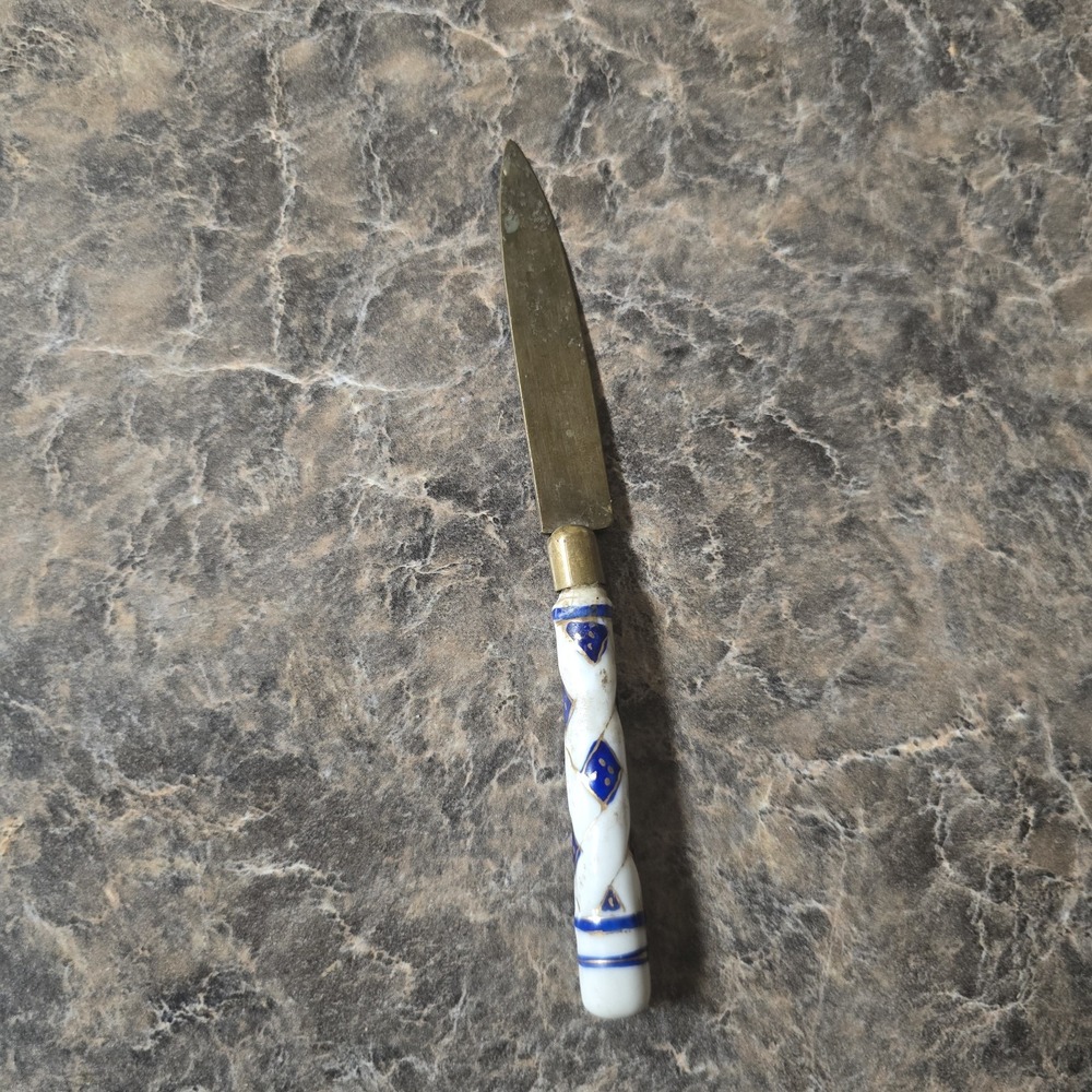 Antique Uchatius Bronce Germany Fruit Knife Blue White Porcelain Handle 6.5"